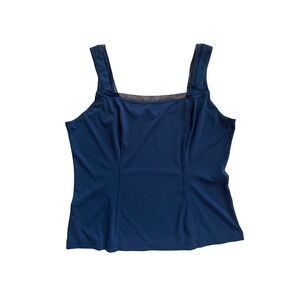 CABi Navy Blue Square Neck Sheer Mesh Trim Tank Top XL Coquette Date Night Chic